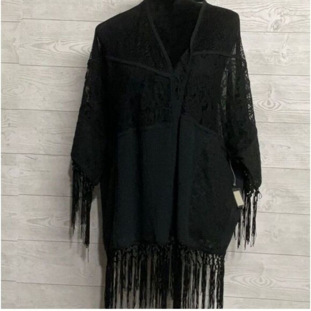 California MoonRise Black Hobo Hippie Crochet Lace Shall/Duster Fringe Sz L NWT